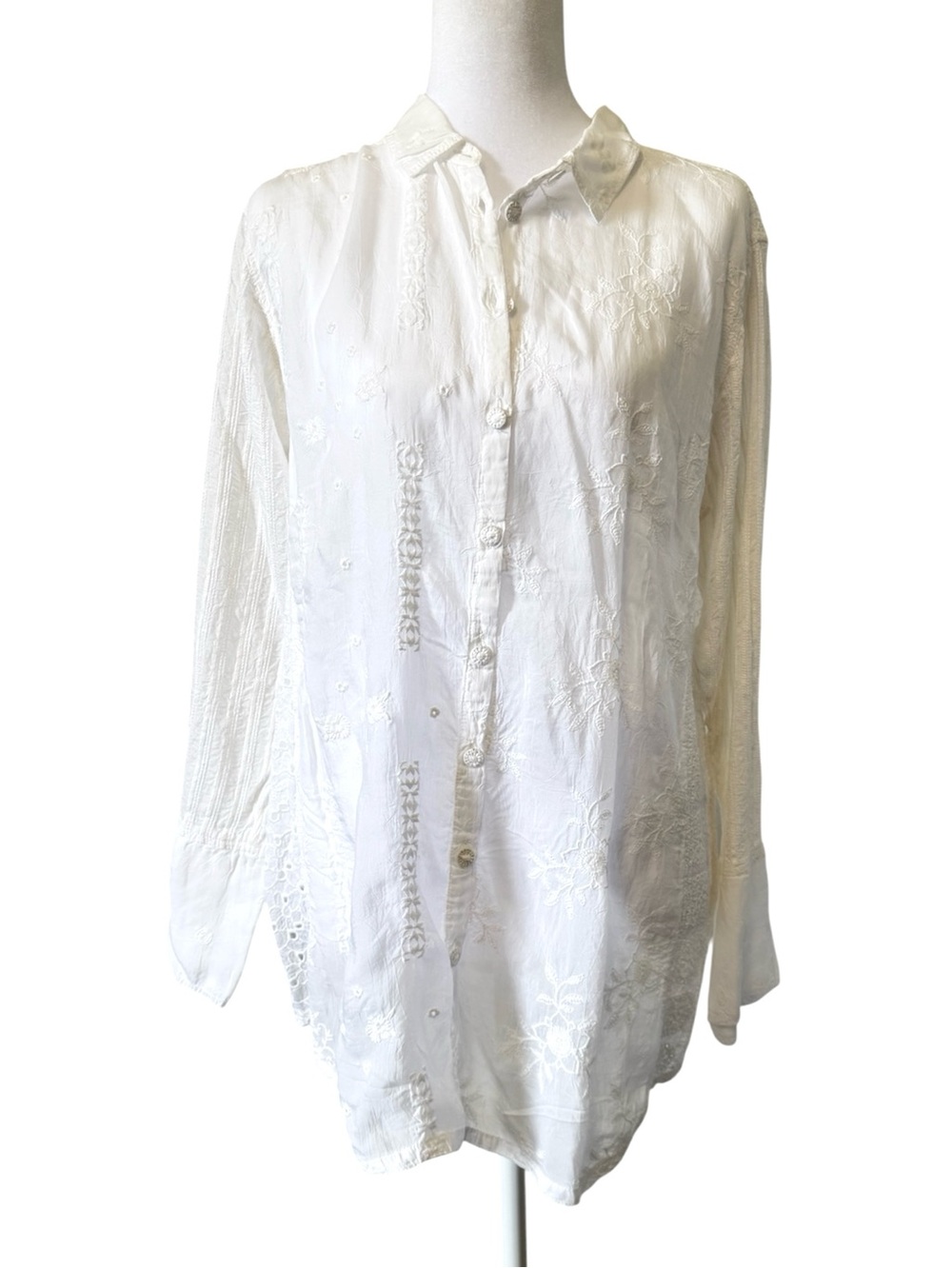 Johnny Was NYX Shirt Off White Mixed Media Blouse Large Coastal Euro Summer NWT - Picture 3 of 16